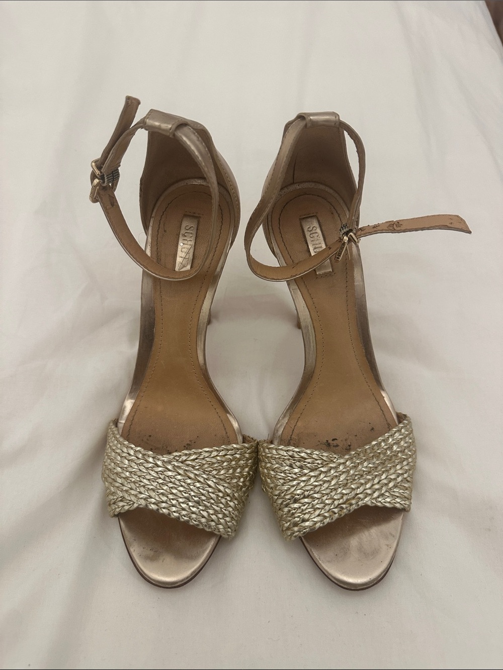 Schutz Gold Leather Strap Heeled Sandals